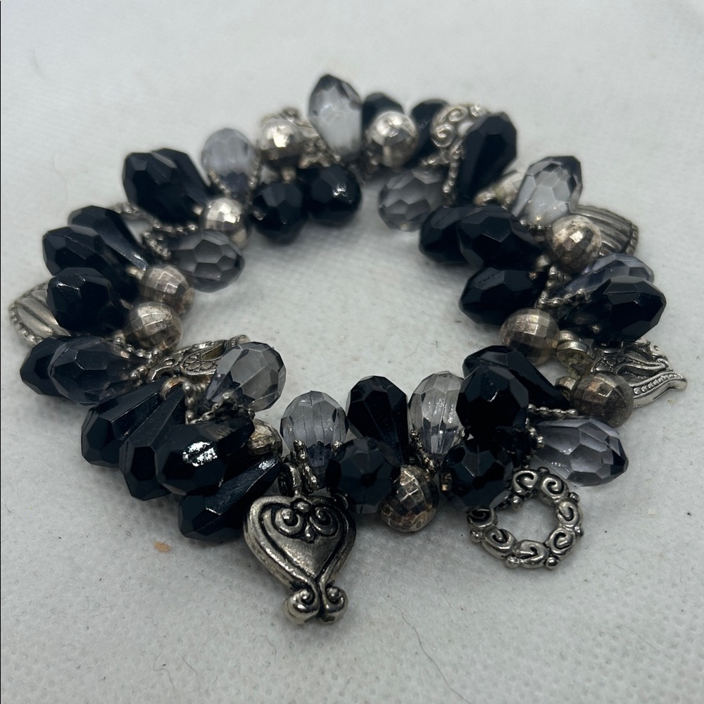 Elegant Black and Silver Beaded Bracelet with heart charms